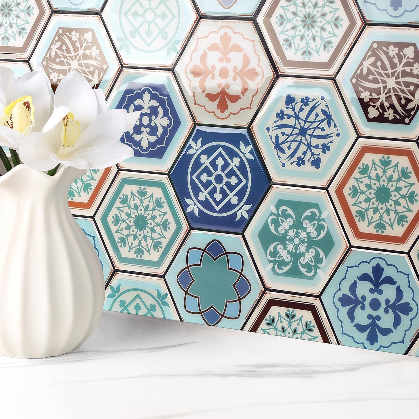 FunStick 15 Pcs Teal Blue Peel and Stick Tile Backsplash for Kitchen Bathroom Boho Self Adhesive Wall Tiles 12"x12" Removable Peel and Stick on Backsplash Tiles for Renters Kitchen Shower Tile Sticker