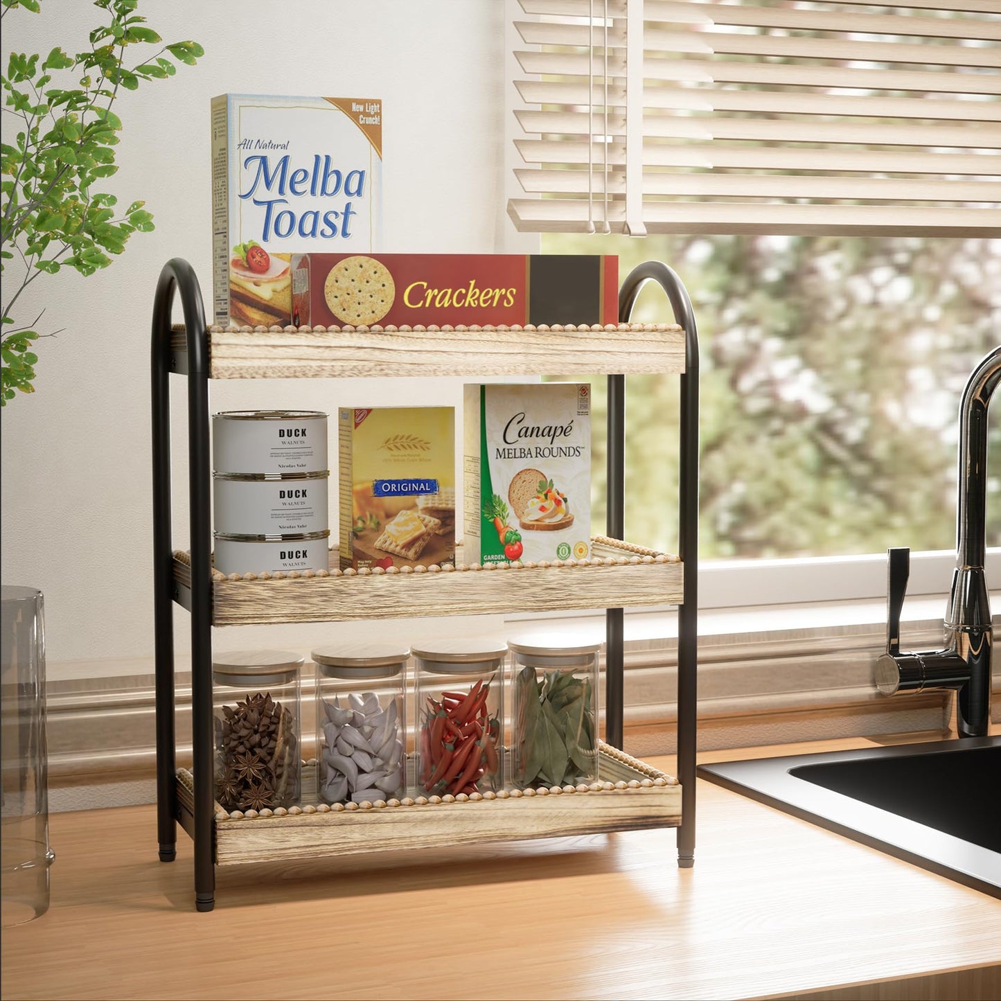 YIJUYO 2-Tier Bathroom Countertop Organizer, Wood Bead Storage Shelf, Mordern Tray, Bathroom Shelf and Decor, Vanity Tray for Living Room, Kitchen (3 Tier)