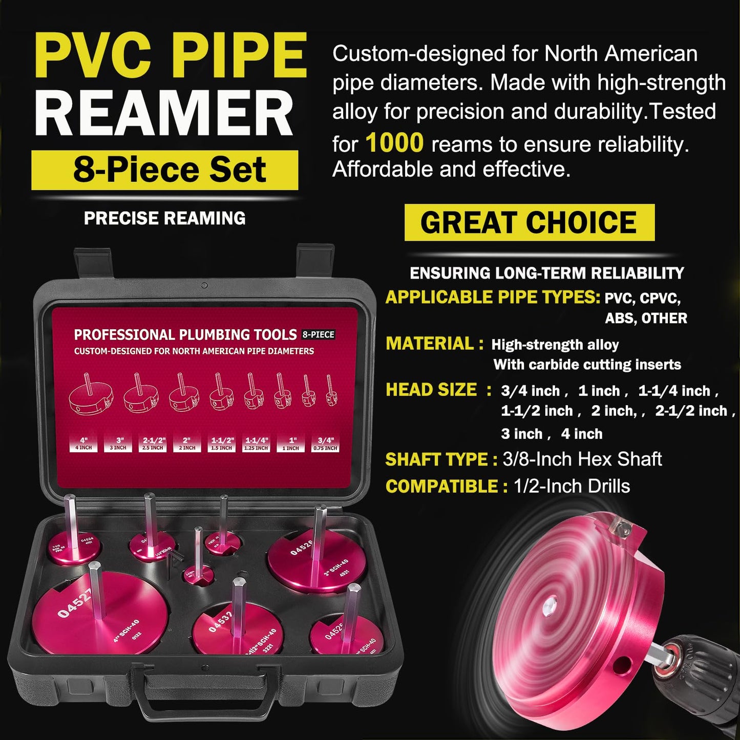 Premium 8Pcs PVC Pipe Reamer Kit - Complete Reamer Set, Fits Standard 1/2" Drills, Includes P3/4", 1", 1-1/4", 1-1/2", 2", 2-1/2", 3", 4" For Standard 1/2" Drills, Ideal for PVC, CPVC, ABS Pipes