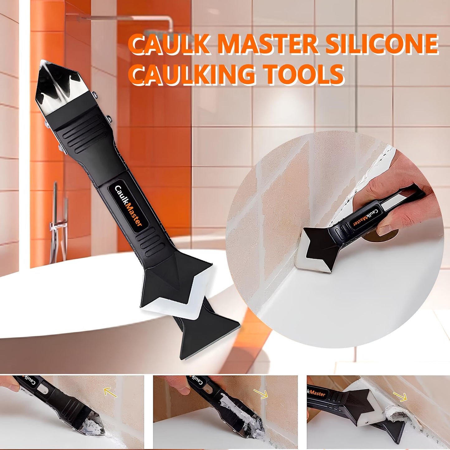 Silicone Caulking Tool Kit – Sealant Remover, Caulk Smoother & Finishing Tool, 3-in-1 Caulking Tool with 5 Pads, Steel Scraper & Corner Tools for Bathroom, Kitchen, Tile, Sink, Wall, Window, Bathtub