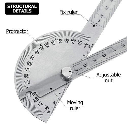Angle Protractor Angle Finder Ruler Two Arm Stainless Steel Protractor Woodworking Ruler Measure Tool with 0-180 Degrees(30 cm/ 11.8 Inch)
