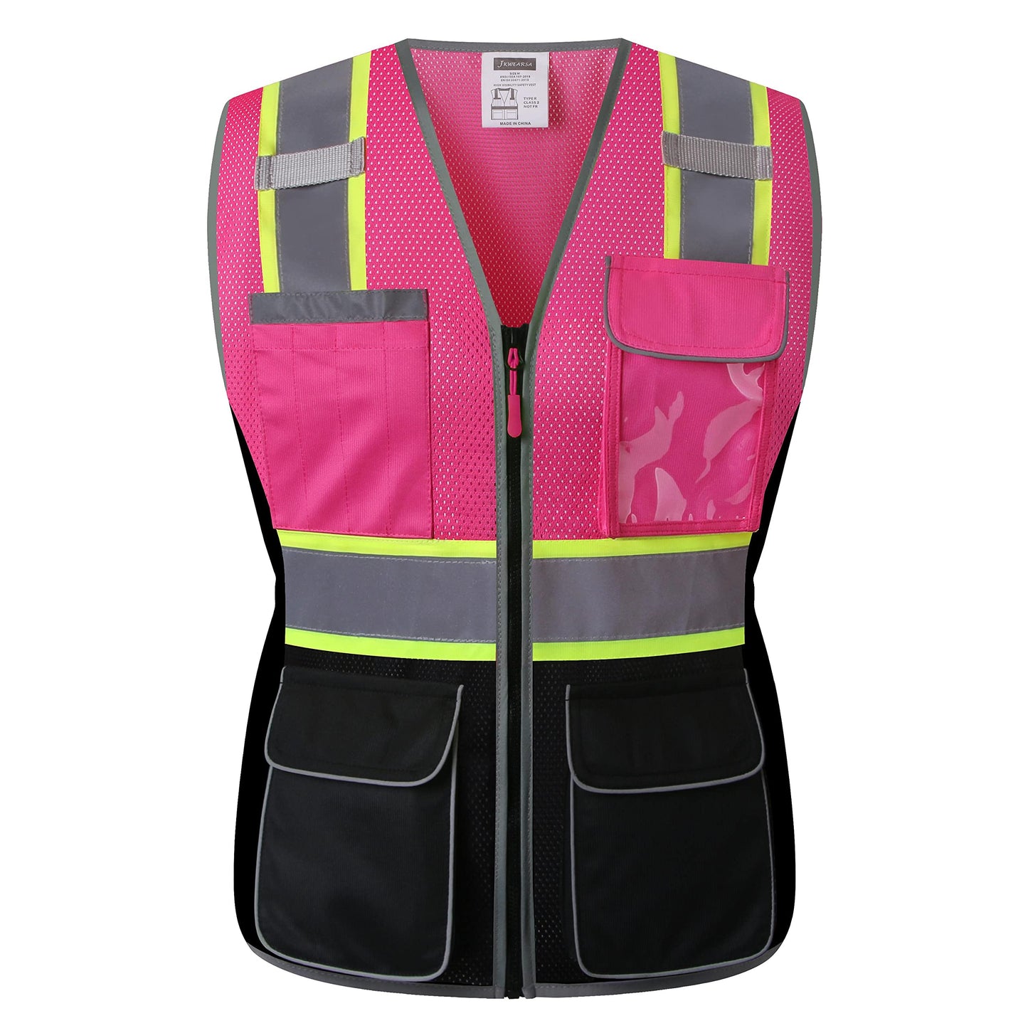 JKWEARSA Safety Vest For Women,High Visibility Reflective Work Vest With Multi Pockets And Zipper,Pink and Black,Large