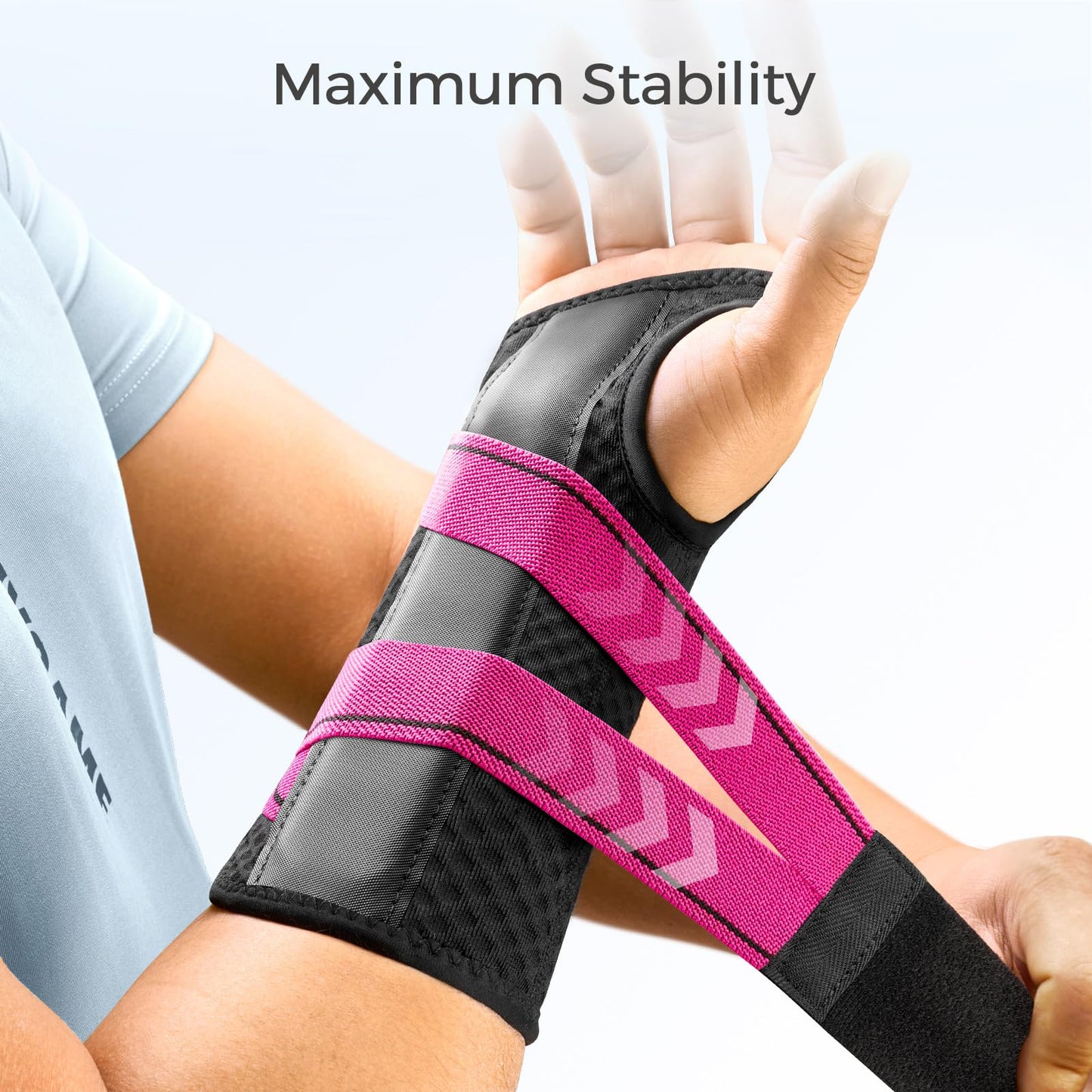 FREETOO Carpal Tunnel Wrist Brace Night Support Fit Right Hand for Work, Pain Relief Wrist Splint for Tendonitis, Sprain, Strain, Rigid Hand Brace for Arthritis for Women and Men (S/M, Black/Pink)