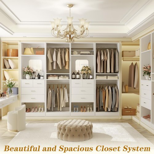 Unikito 100” Closet System with Drawers, 8.3FT Wood Closet Organizer with Hanging Rods and Mirror Design, Reversible Large Walk in Wardrobe Garment Rack with Shelves, Sturdy Closet Tower, White