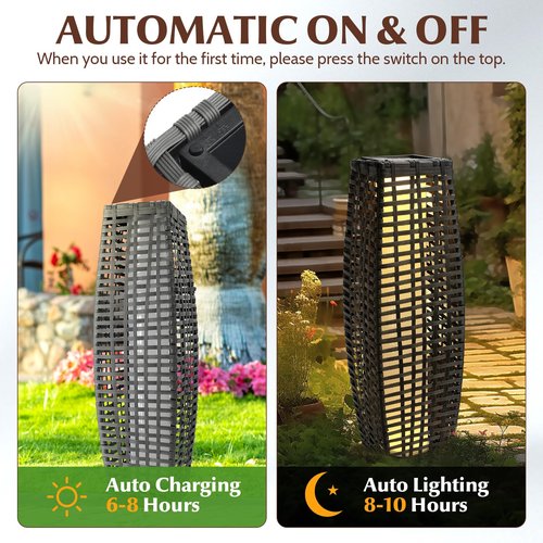 VIHOSE 2PCS 7.87 x 6.3 x 27.17 in Solar Powered Outdoor Floor Lamp Resin Wicker Solar Floor Lamp with 26 LED Light, 40 Lumen Weather Resistant Rattan Outdoor Lantern for Patio Yard Courtyard (Classic)