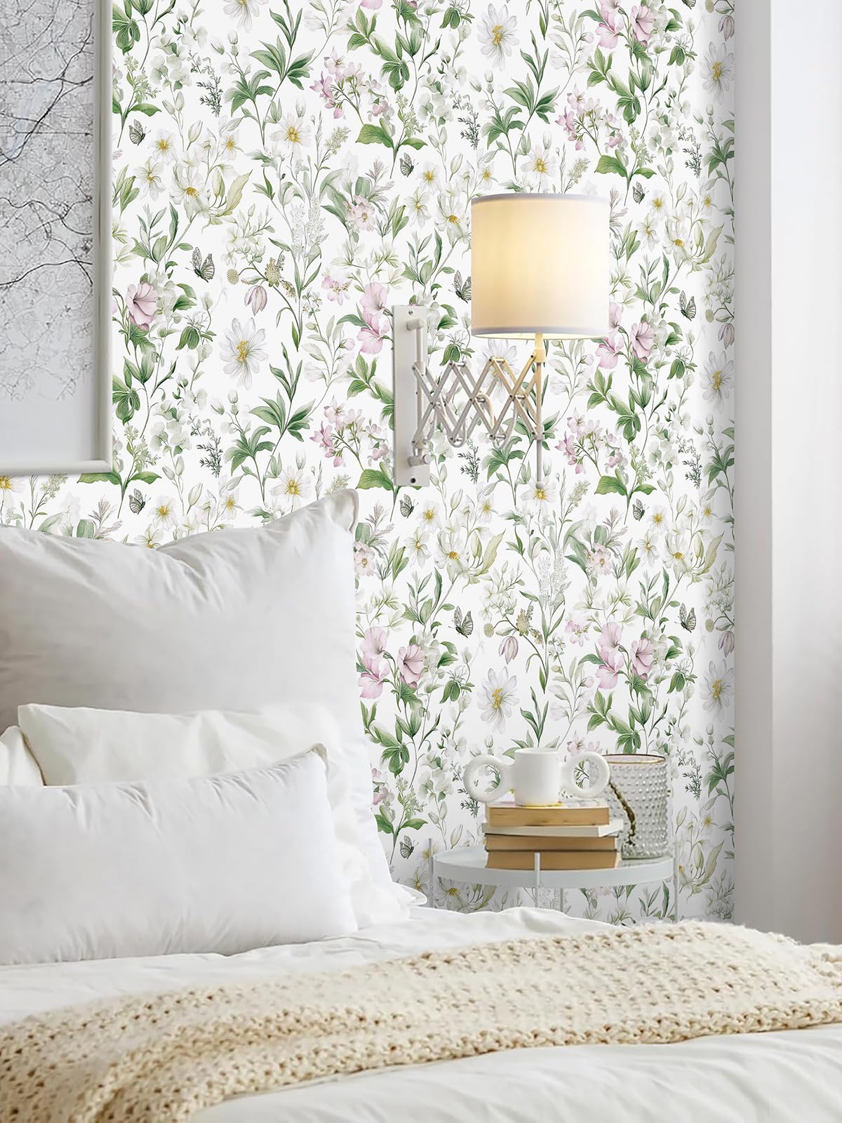 Livebor Floral Peel and Stick Wallpaper Floral Boho Contact Paper 16.9" x 118.1" Green Leaf Flower Wallpaper Peel and Stick Butterfly Botanical Self Adhesive Wall Paper for Bathroom Cabinets Vinyl