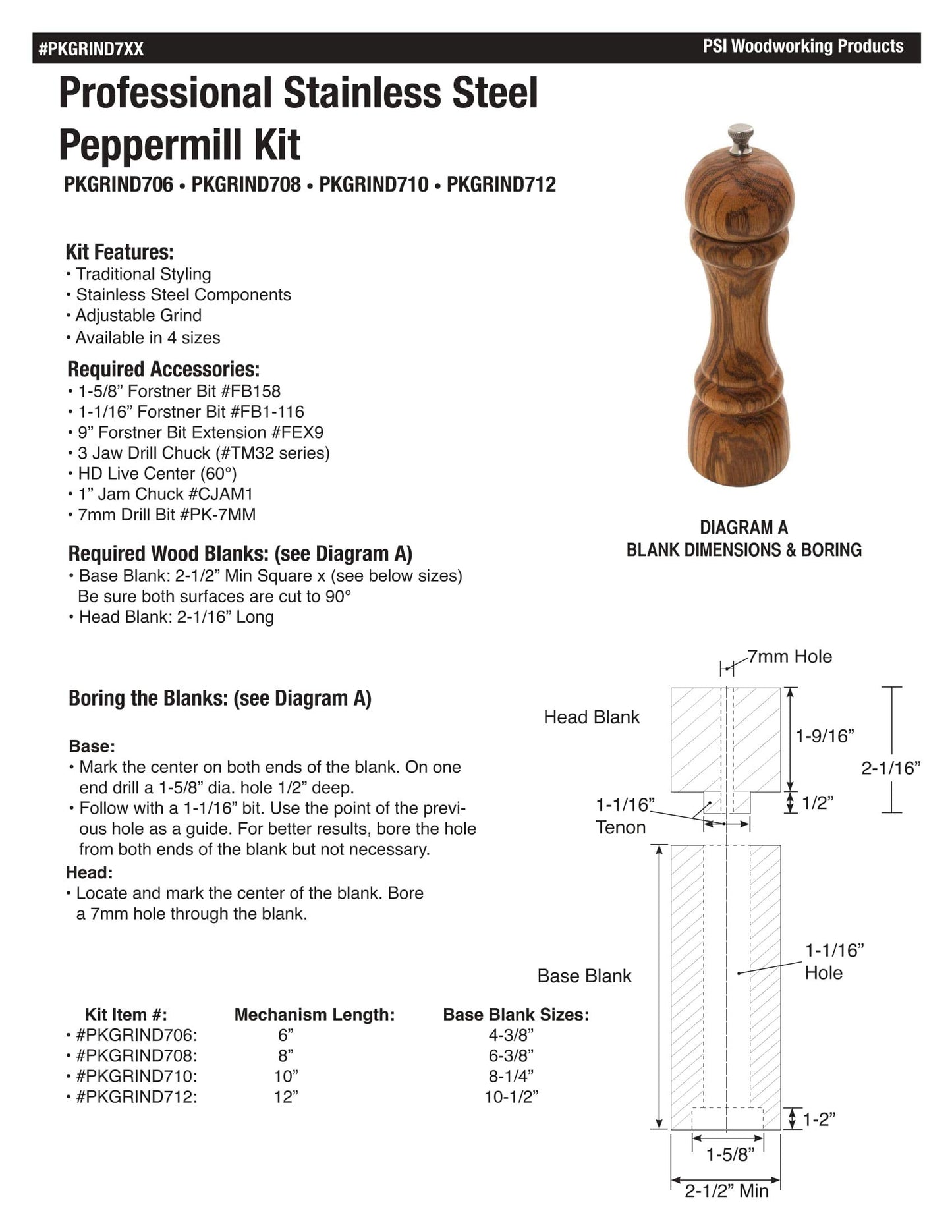 Penn State Industries PKGRIND706 6" Professional Stainless Steel Peppermill Grinder Mechanism Kit Woodturning Project (6" Mechanism)