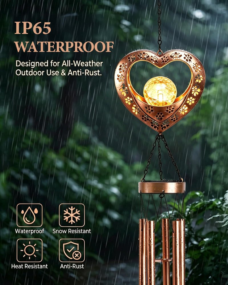 Nacome Solar Heart Wind Chimes for Outside: Weatherproof Metal Outdoor Decor Easy Hanging for Garden Patio Tree Window - Melodious Mother's Day Birthday Gifts for Mom Women Mom Grandma Her Wife