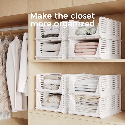 Pinkpum Stackable Plastic Storage Basket, Foldable Closet Organizers and Storage Bins 4 Pack Drawer Shelf Storage Container for Wardrobe Kitchen Bathroom Office Dorm Off White