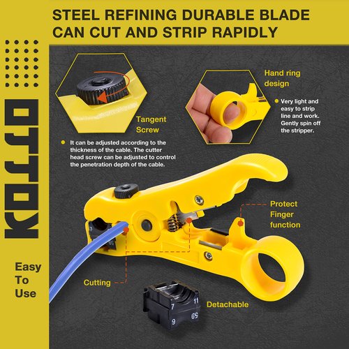 KOTTO Coax Cable Crimper Kit - Adjustable Compression Tool for RG6, RG59, RG11 - Includes Coaxial Cable Stripper and 20 F Compression Connectors
