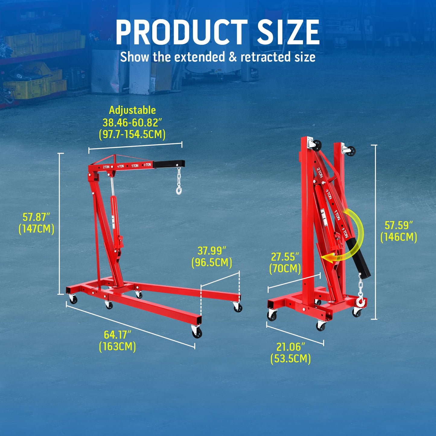 H-YEEU Hydraulic Engine Crane Hoist, 2 Ton Folding Motor Hoist Cherry Picker Heavy Duty Steel 4400lbs Lifting with 6 Casters for Garage Workshop(Red)