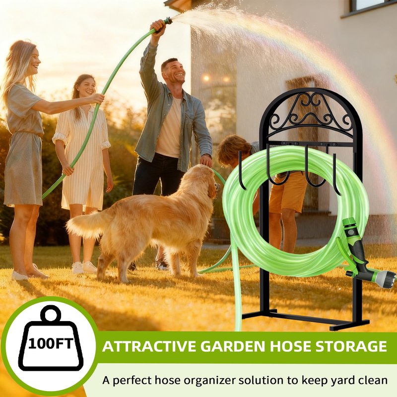 Freexployer Garden Hose Holder, Hose Holder Stand Rustproof Freestanding Heavy-Duty with Sturdy Metal Hose Stand and Hanger, Hoses Storage Holds 100Ft Hose Reel for Outside Yard