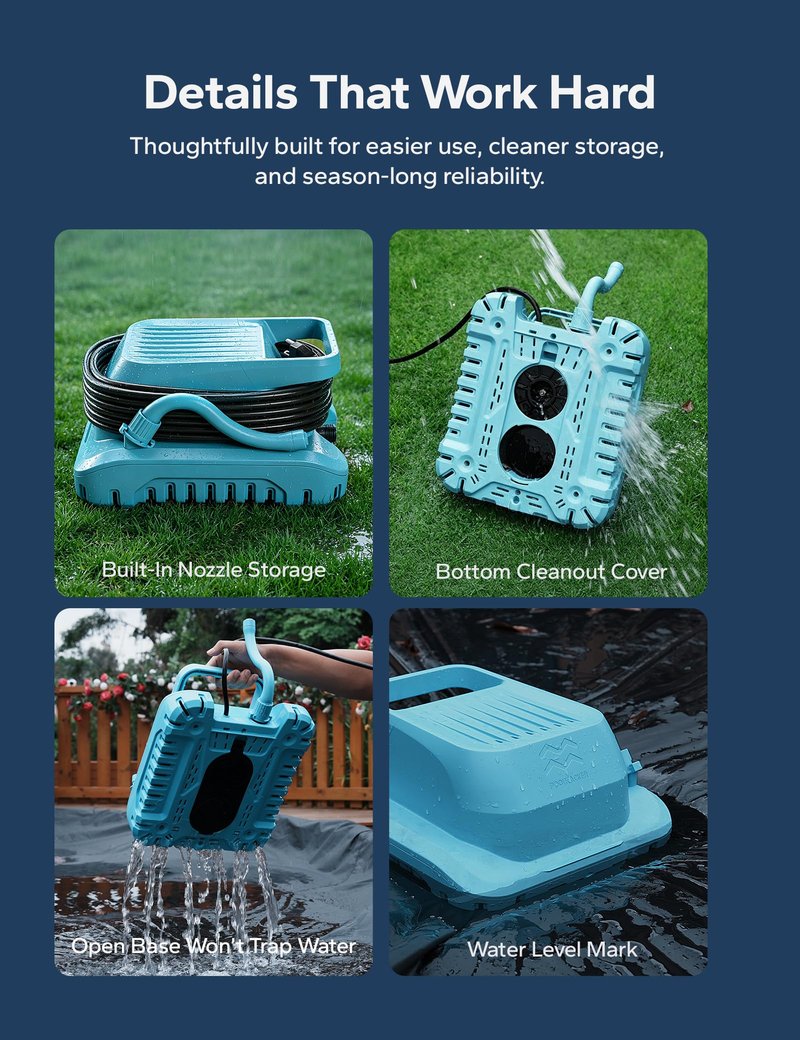 Voeer Pool Cover Pump with Built-in Nozzle, 950 GPH Automatic Submersible Pump, 25ft Cord, Hose Connection Supported, Water Level Indicator, Low-Profile Design, 110W Motor, Waterproof Design
