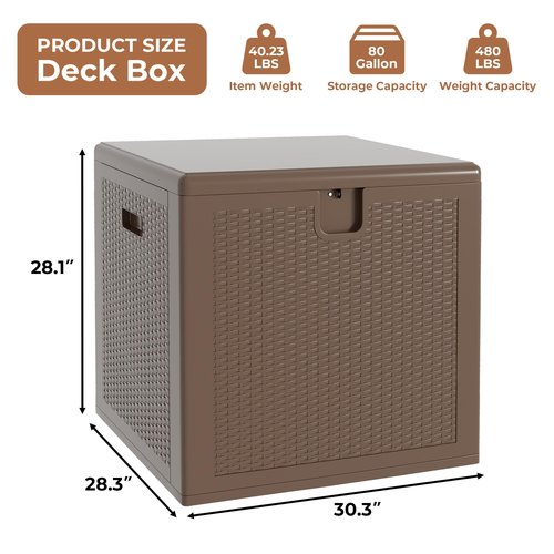 80 Gallon Outdoor Storage Box Waterproof, Lockable Resin Deck Box, Patio Deck Storage Box For Package Delivery, Square Deck Box Container for Furniture Cushions, Garden Tools, Pool Accessories