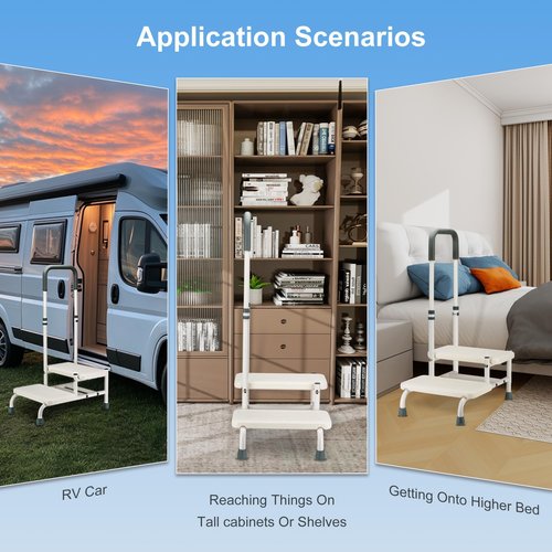 NIdreamCE Bed Steps for High Beds for Adults,2 Step Stool with Adjustable Handrail for Fall Prevention Foot Stool Ladder for Bedside, Kitchen, Car, RV, Bathtub