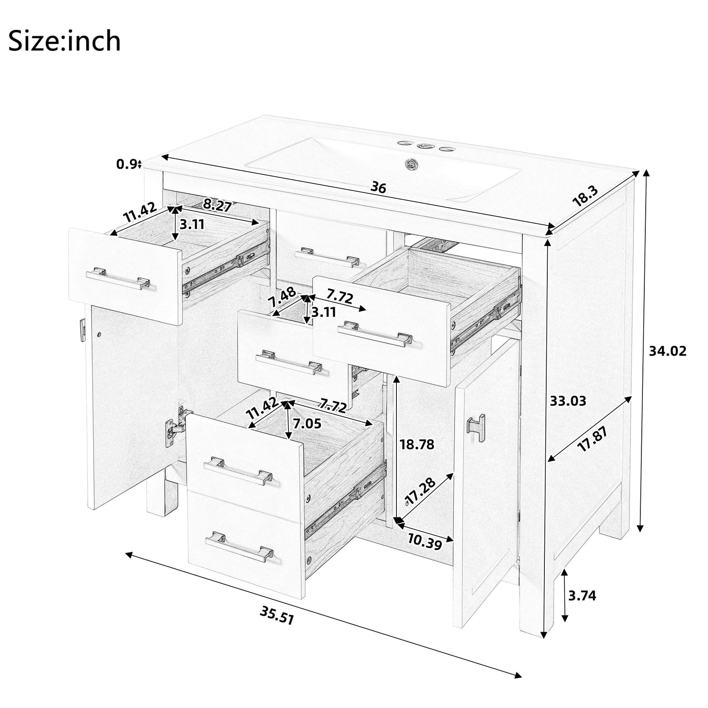 LUMISOL 36 Inch Bathroom Vanity with Sink, Modern Green Bathroom Vanity with 4 Drawers & 2 Soft-Close Doors, Solid Wood Bathroom Sink Cabinet with Ceramic Sink, Green