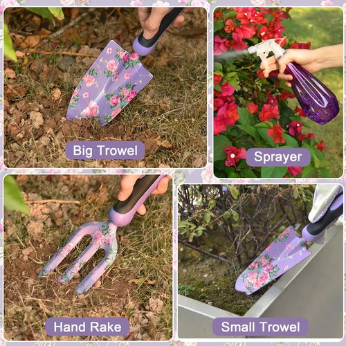 Gardening Tools, WisaKey 10 Piece Heavy Duty Purple Garden Tool Set with Handle, Durable Fashion Garden Supplies Organizer Handbag, Garden Hand Tools Gardening Gifts for Women Grandmother Granny