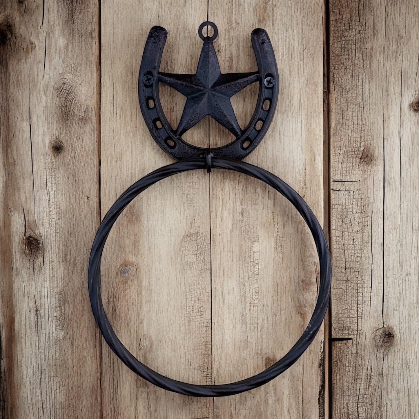 Rustic Western Horseshoe Towel Ring with Barn Star – Heavy Duty Cast & Wrought Iron Wall-Mounted Hand Towel Holder – 11” x 7” – Rustic Brown Finish