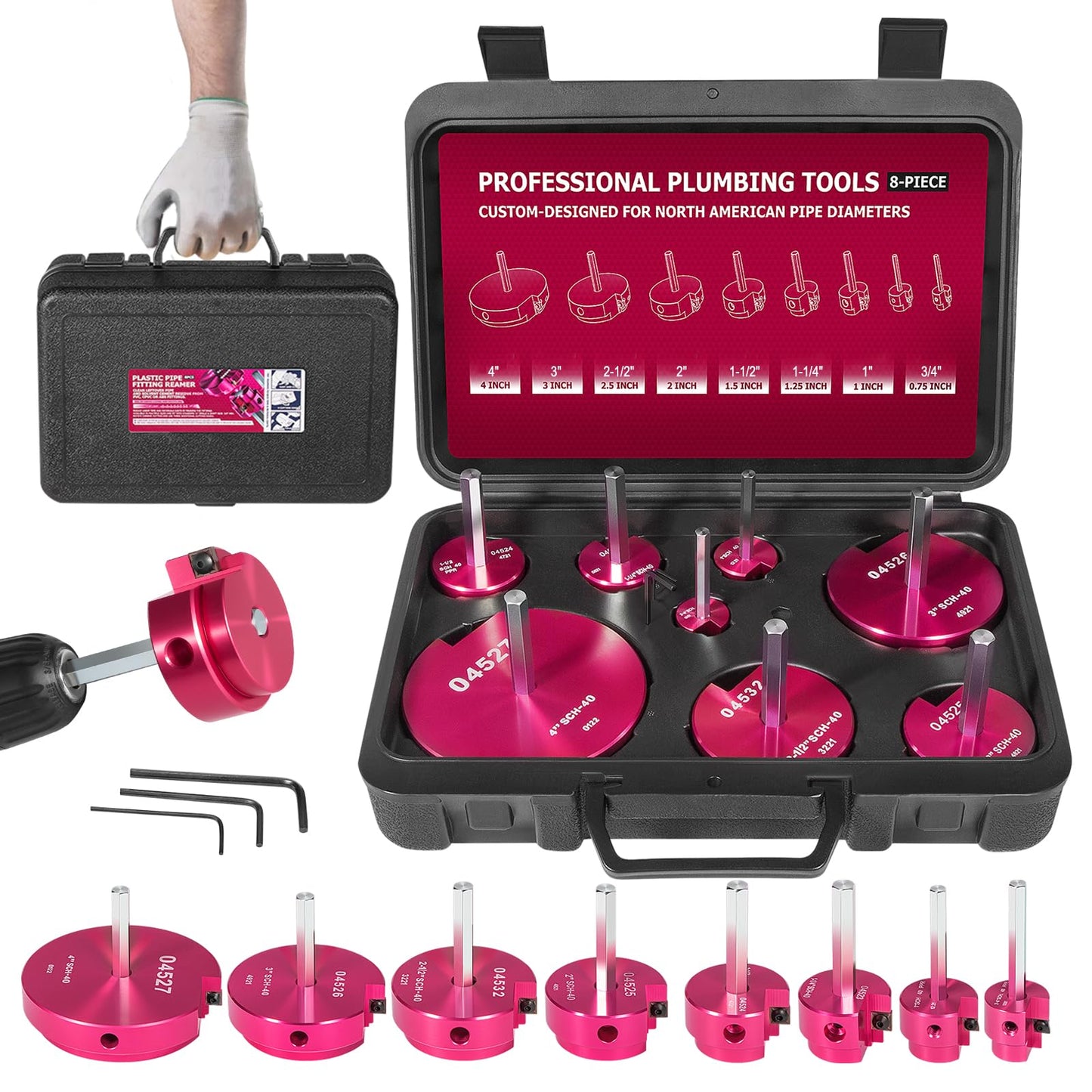 Premium 8Pcs PVC Pipe Reamer Kit - Complete Reamer Set, Fits Standard 1/2" Drills, Includes P3/4", 1", 1-1/4", 1-1/2", 2", 2-1/2", 3", 4" For Standard 1/2" Drills, Ideal for PVC, CPVC, ABS Pipes