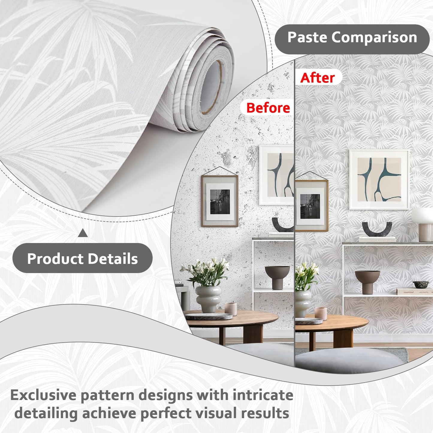 MelunMer Grey Leaf Peel and Stick Wallpaper Boho Gray Contact Paper Self Adhesive Wallpapers Removable Wallpaper for Bedroom/Bathroom Waterproof Modern Contact Paper for Cabinets Palm 197In L 17.3In W