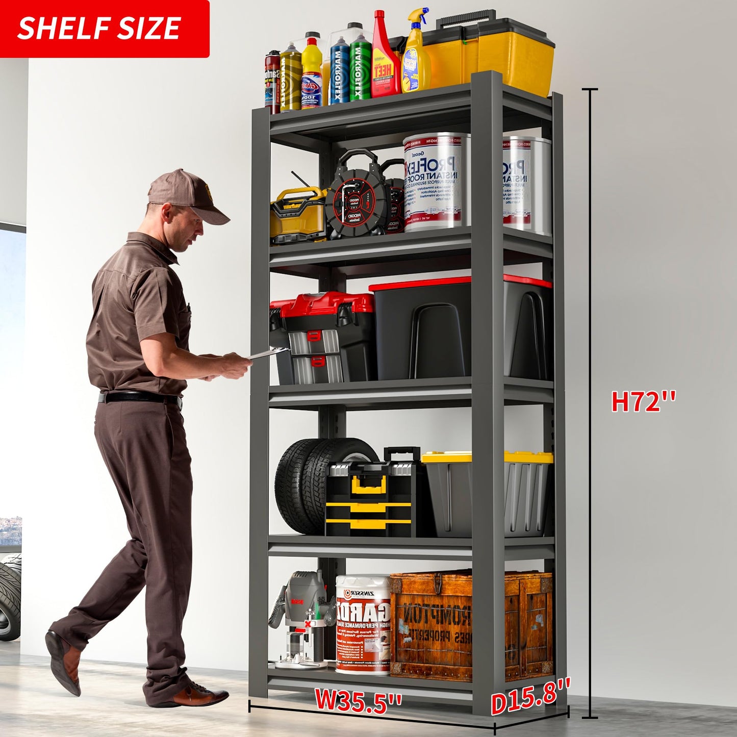 DARTIIA 72" H Garage Shelving 2500LBS Heavy Duty Storage Shelves Adjustable 5 Tier Metal Shelves for Storage Garage Industrial Shelving Utility Racks,16" D*36" W*72" H,Black