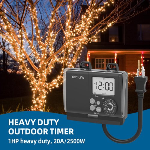 TiFFCOFiO New Digital Outdoor Timer Waterproof, Dial Programmable Method, Outdoor Pool Pump Timer with 2FT Extension Cord, 2 Grounded Electrical Outlets for Lights, 6 Sets of Programs, 20A/2500W