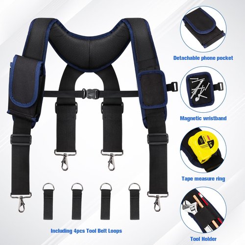 UMYLOV Tool Belt Suspenders for Men, Adjustable Padded Carpenter Tool Belt with Magnetic WristBand Multifunctional Pouch Pocket for Construction Workers (Black)