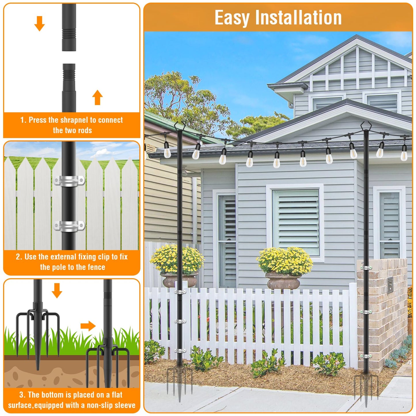 AILBTON 10Ft String Light Poles 2 Pack,Light Poles for Outside Lights,Outdoor with Fence Brackets Hanging Lights,Metal Stand Deck Patio Backyard