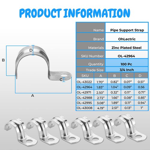 OHLECTRIC Heavy Duty Pipe Strap (100 Pack - ¾ Inch) Zinc-Plated Steel EMT Conduit Clamps - 1 Hole Reinforced Rib Design - Snap-On Installation - Metal Pipe Strap for EMT Conduits