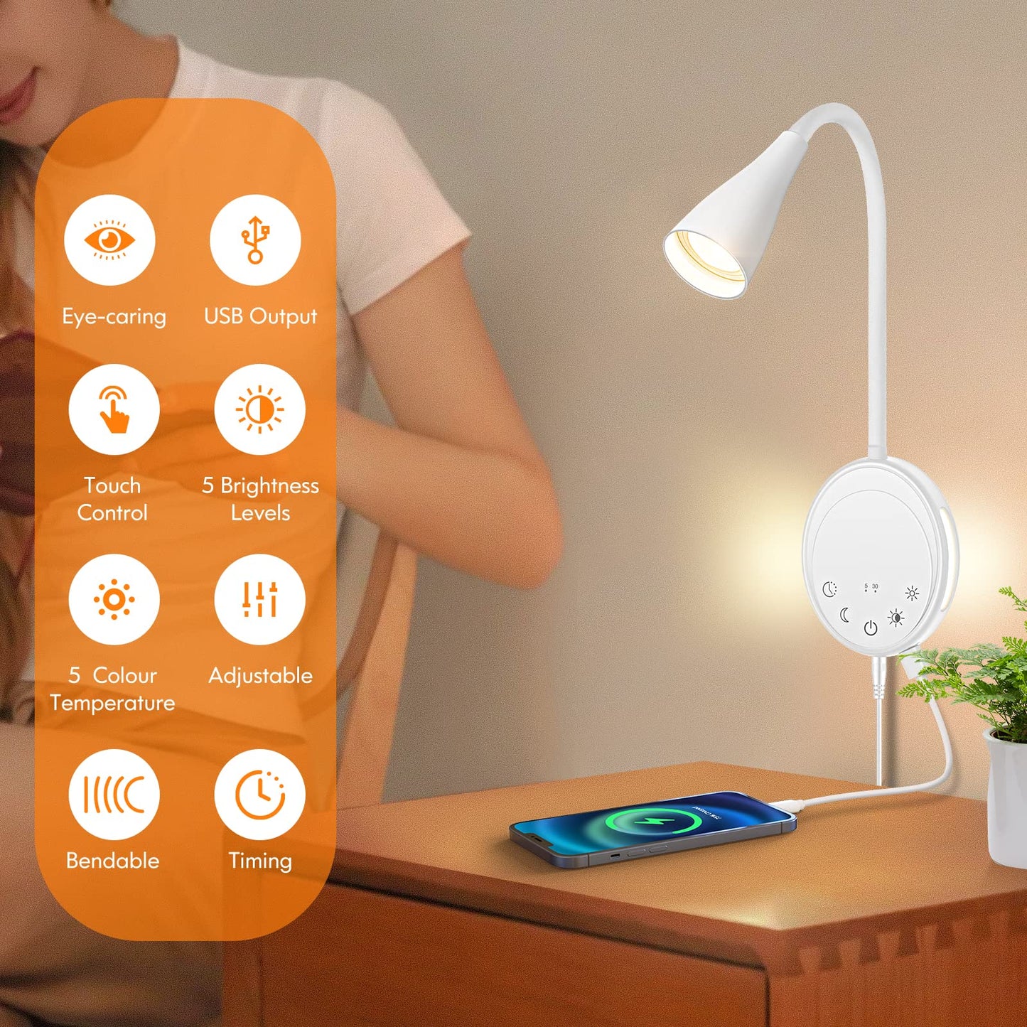 SANKEDOU LED Wall Mounted Reading Light, Book Light for Reading in Bed with Touch Control, 5 Dimmable, USB Output, Night Light & Timers Function, Flexible Gooseneck Headboard Bed Lights (White)
