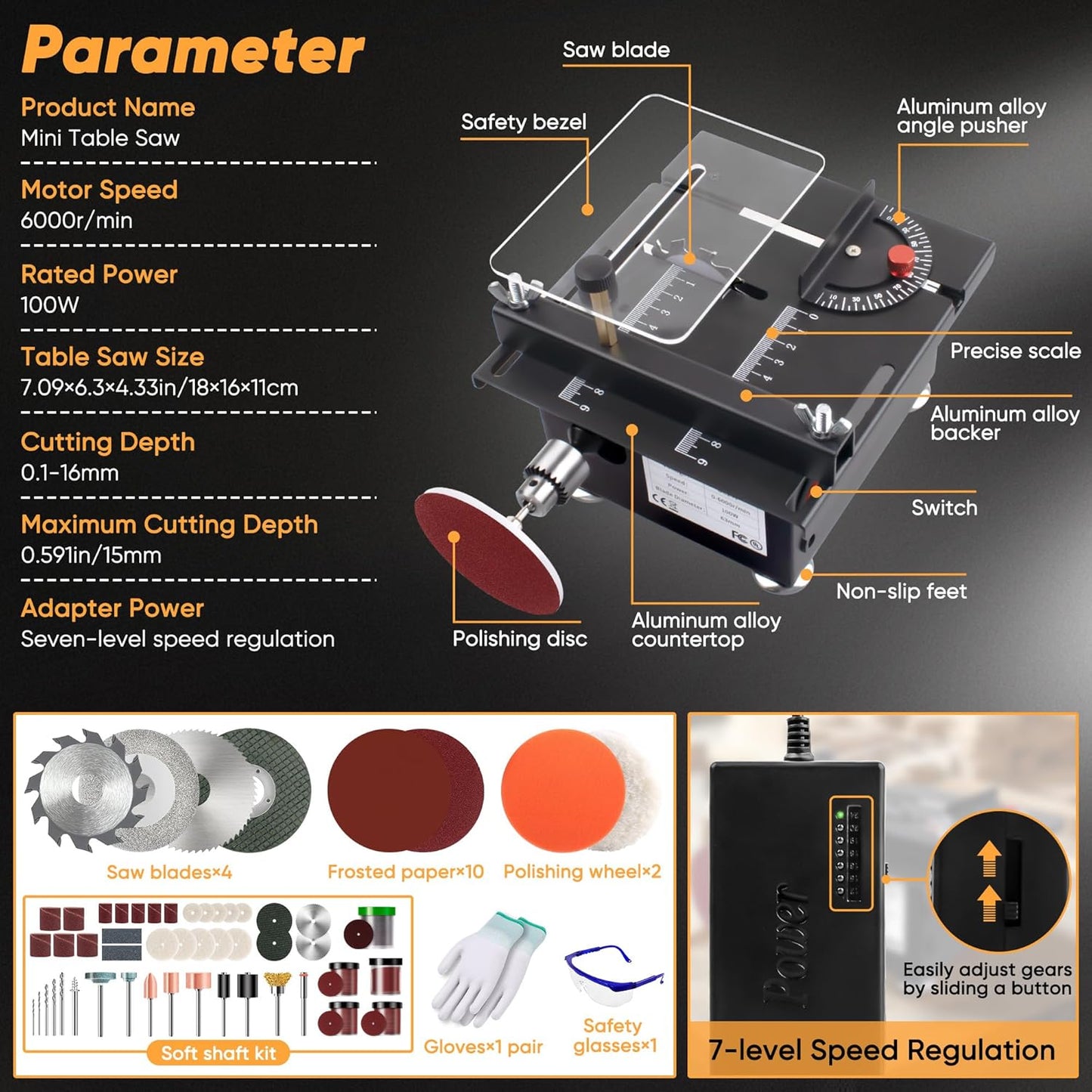 Mini Table Saw, Mini Multi-Functional Table Saw for Crafts, Speed & Angle Adjustable, Cutting | Sanding | Engraving | Drilling All-in-One Machine, for Wood/PCB/Acrylic/Plastic (Liftable & Dark Gray)
