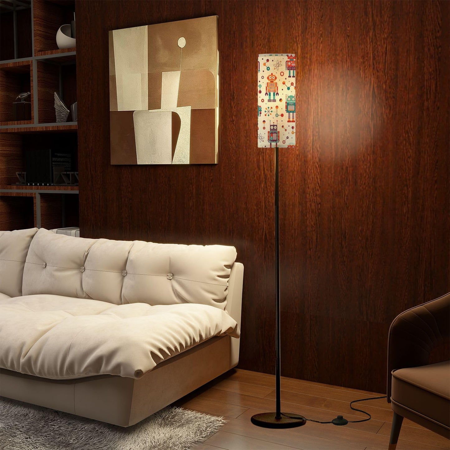 Modern Standing Lamps Vintage robots retro tin toys pattern Classic old school mechanical Floor Lamp Metal Pole Lamp with Linen Lampshade for Bedroom Living Room Office Nursery Reading Foot Switch