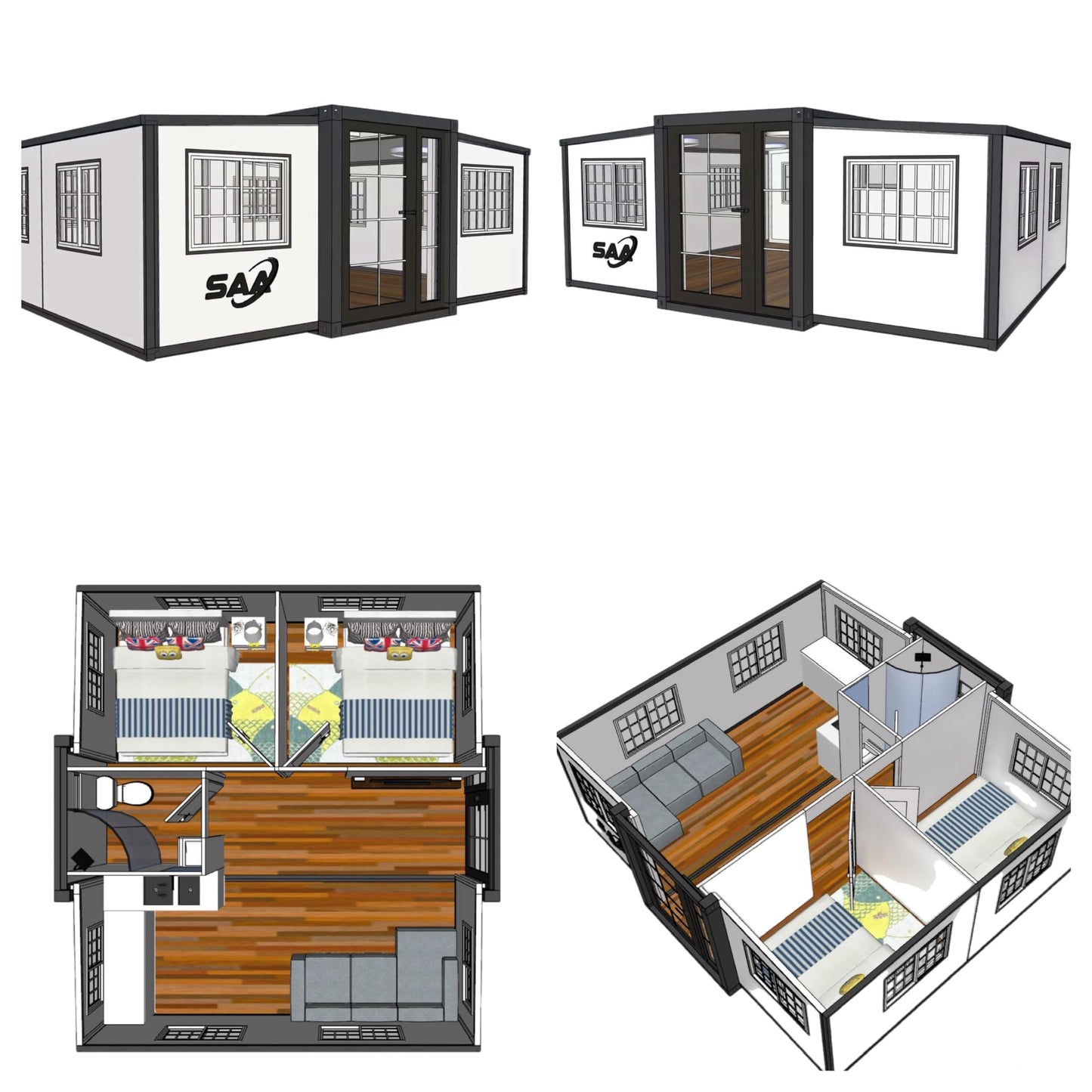 SAA Tiny Expandable Prefab Home - 1 Bath, 2 Rooms, 1 Kitchen - Foldable, Portable, Modular Guest House - 19 x 20 FT