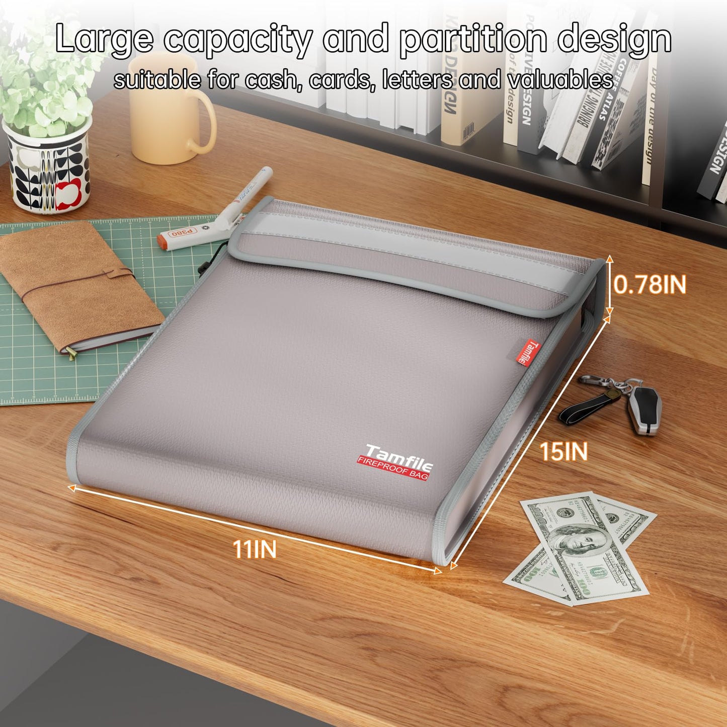 6400℉ Fireproof Document Bag with Zipper, 15”x 11” Waterproof Fireproof Money Bag with 2 Pockets, Safe Important Document Organizer for A4 A5 Legal Letter Size, Valuables, Legal Documents (Grey)