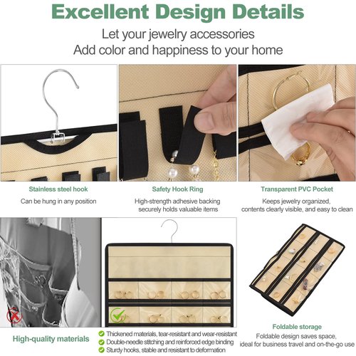 Pahiuii Hanging Jewelry Organizer– Double-Sided Jewelry Holder for Earrings, Necklaces, Rings – Closet Hanging Organizer & Travel Jewelry Organizers for Women, Wall or Door Use, Day Gifts (Beige)