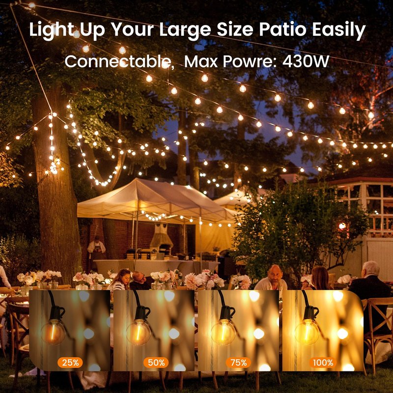 OHLUX Outdoor String Lights, 27FT LED Patio Lights with 13 Dimmable Plastic G40 Globe Bulbs(1 Spare), 2200K Waterproof Connectable Hanging Lights for Backyard Porch Cafe Party Decor E12 Socket Base