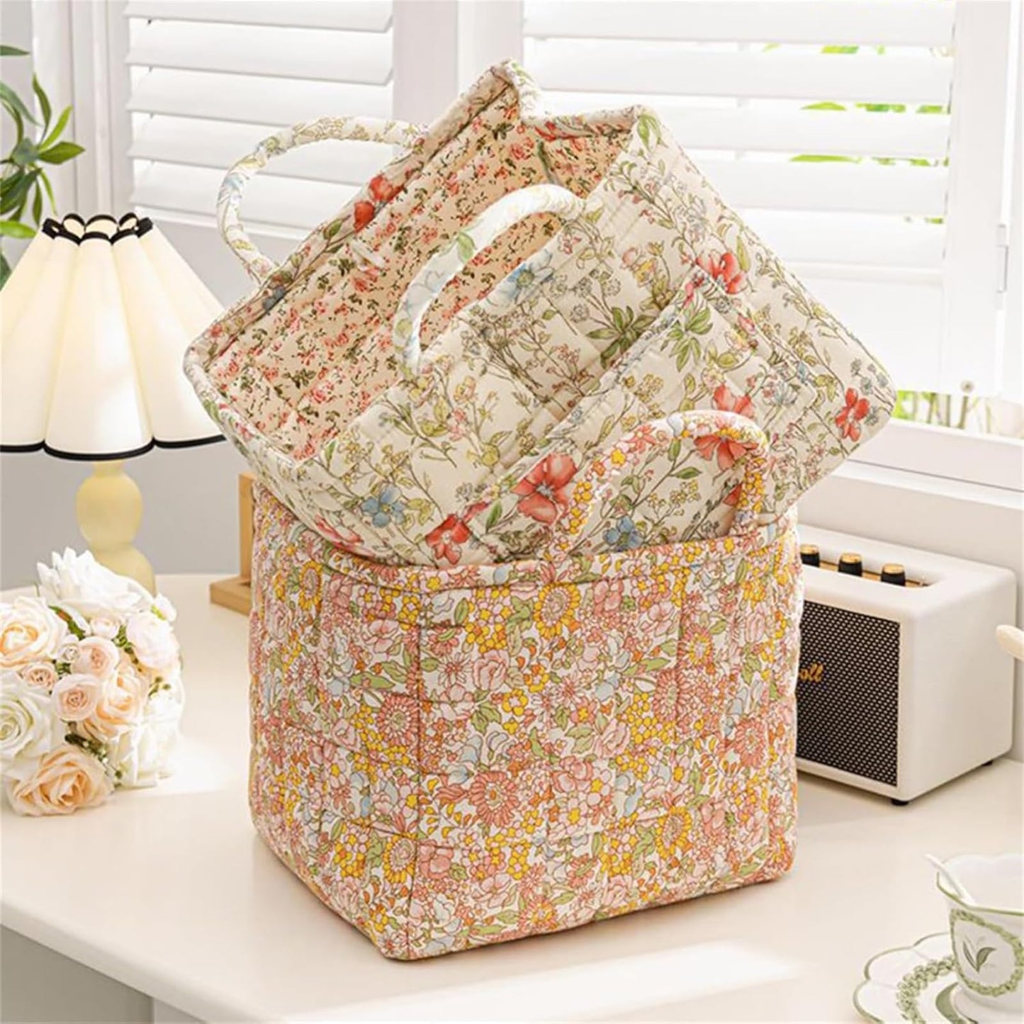 Boho Fabric Storage Basket - Bohemian Style Tote Bag, Boho Floral Laundry Baskets, Large Capacity Fabric Storage Basket for Clothes and Sundries (A)