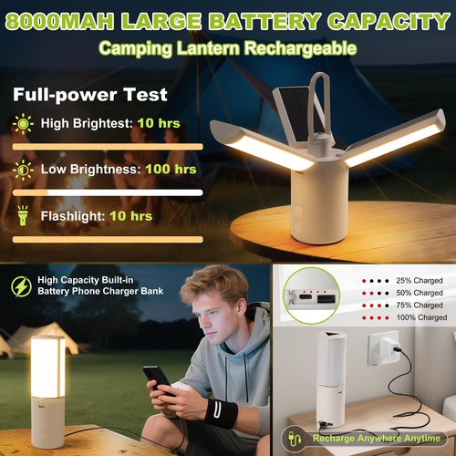 Solar Camping Lantern 8000mAhâRechargeable,Foldable Camping Light,Stepless Dimming,Flashlight & SOS Modes,USB Charging,Waterproof & Portable Handle,Ideal for Camping,Emergency,Travel,Outdoor,Home Use
