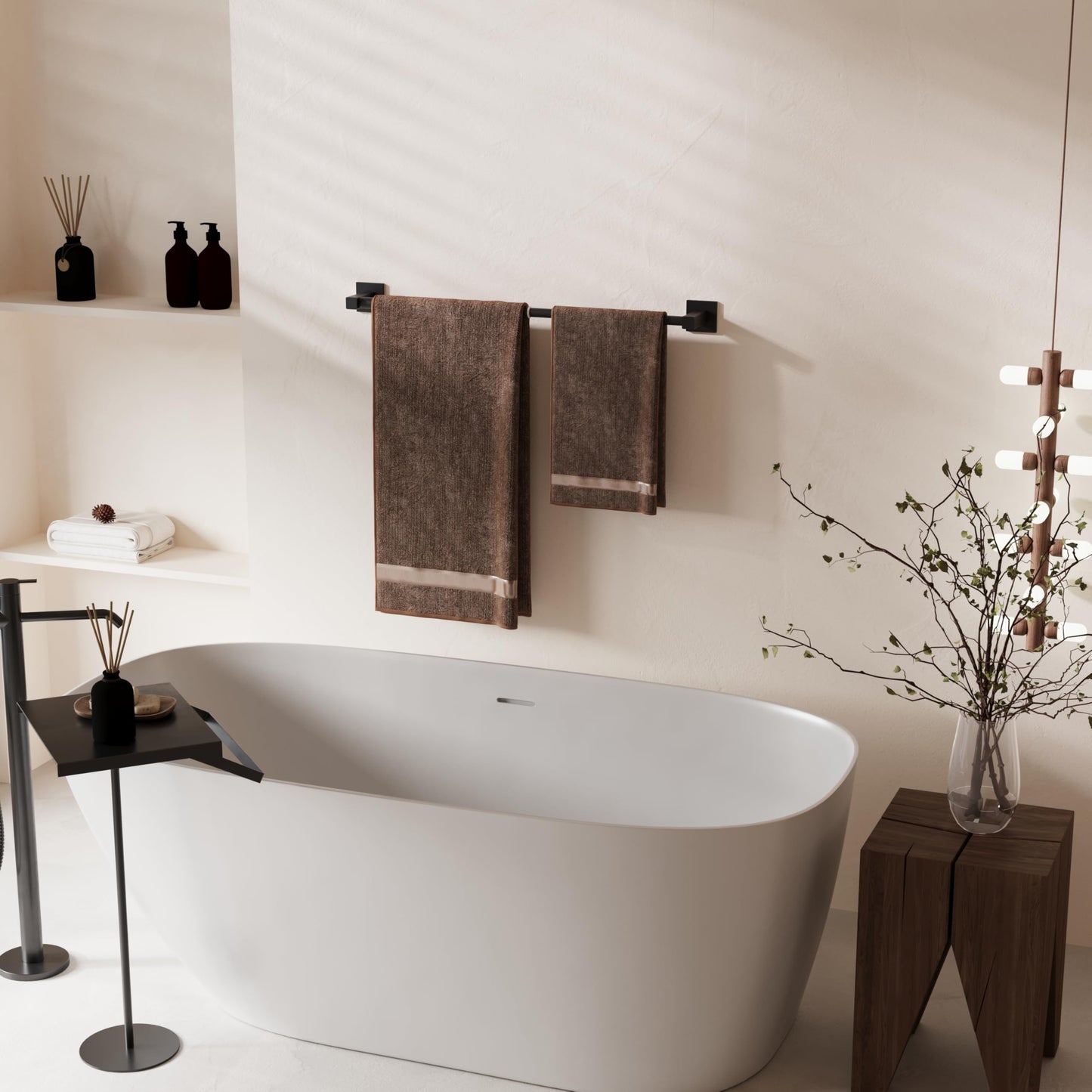 Miroamz Adjustable Towel Bar, 14.4inch - 25.2inch Towel Rack, Wall Mounted for Bathroom, Kitchen Hand Towel Holder Cloths Hanger SUS 304 Stainless Steel Organizer Single Bar (Matte Black)