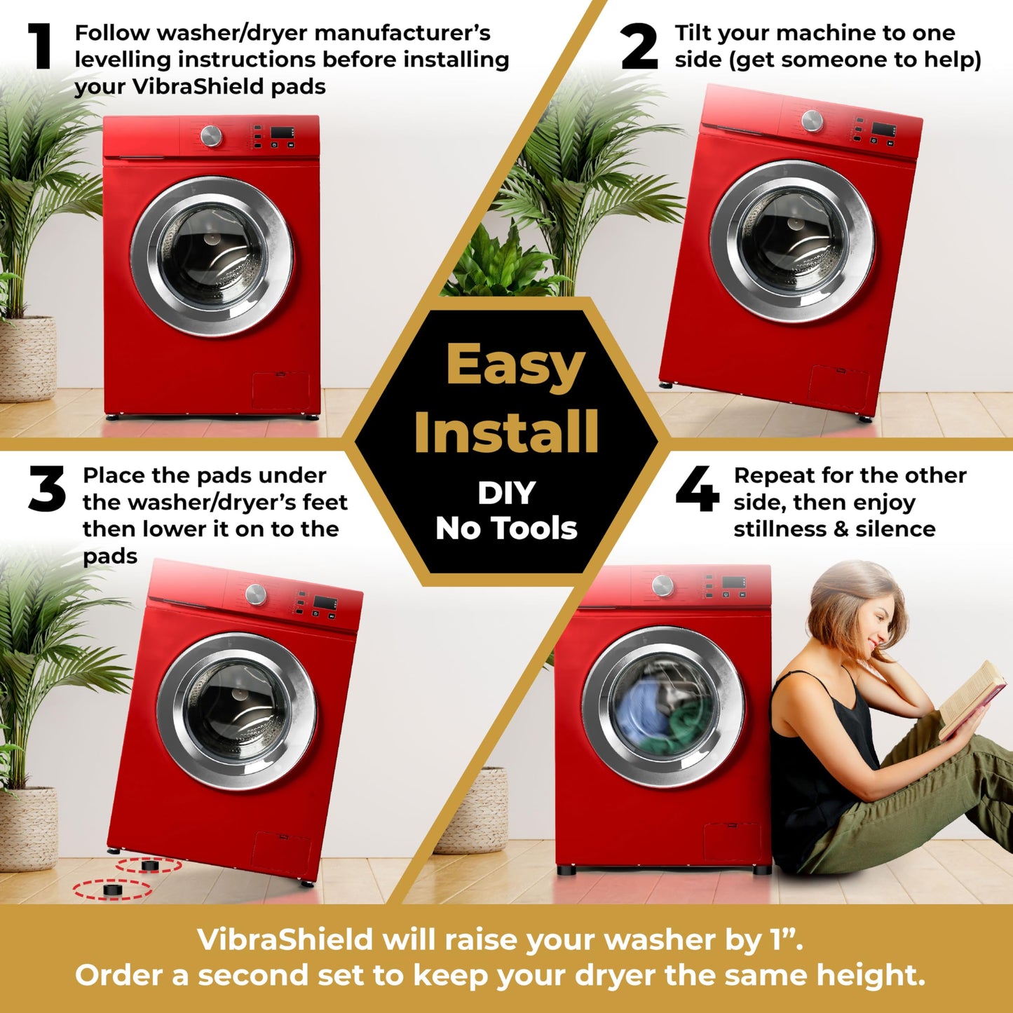 Anti Vibration Pads for Washing Machine with HexaGrip - Stops Washer Dryer Moving, Walking - Prevents Noise, Vibration Transfer - Rubber Antivibration Stabilizer Support Feet Mat - VIBRASHIELD 4 Pack