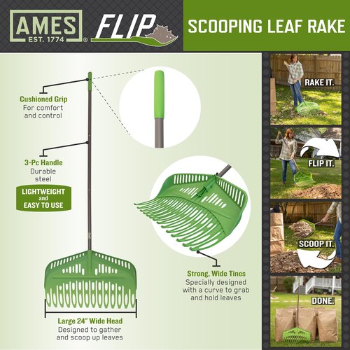 Flip Scooping Leaf Rake, Heavy Duty Lawn and Yard Care, Extra Wide Head, Green