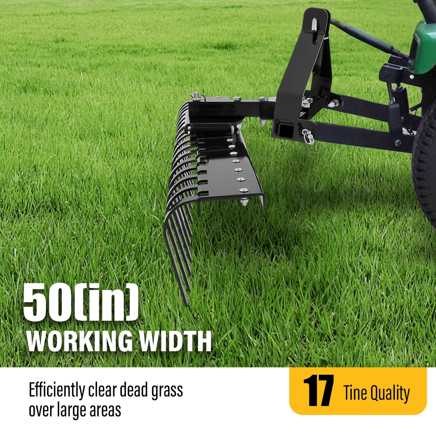 ECOTRIC 50In Landscape Rake Compatible with Category-0 Cat0 Tractor 3 Point & 5-Position Angle Adjustment for Garden, Farm, Grass Steel Powder Coated Black