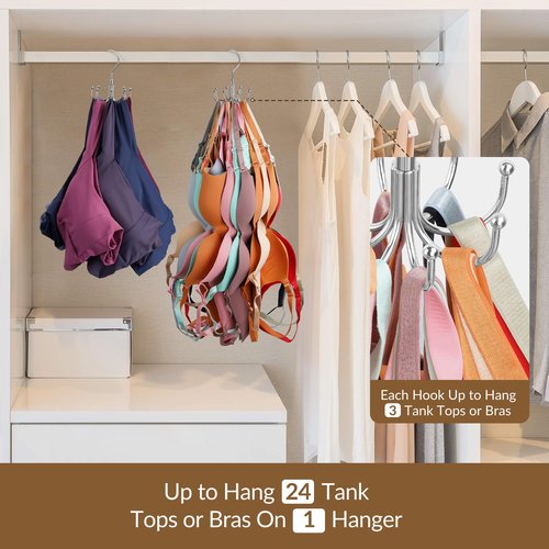 ZEDODIER Tank Top Hanger, Rotatable Bra Organzier for Closet, Max 24 Storage Capacity Sport Bra Holder, Metal Space Saving Closet Organizers and Storage, Silver