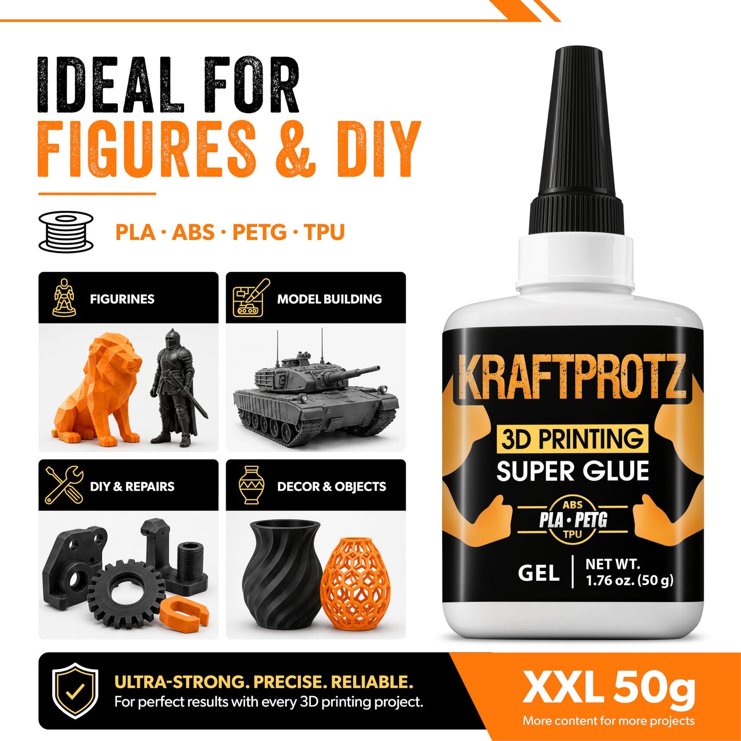 3D Printer Superglue Gel for PLA, ABS, PETG, TPU & Nylon – 1.76 oz XXL – No-Drip, Extra Strong & Waterproof – Precision Tip for Repairs, Supports & Vertical Surfaces