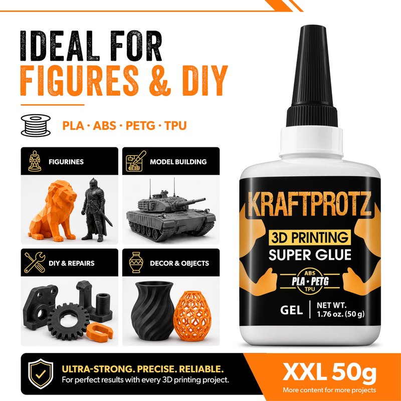 3D Printer Superglue Gel for PLA, ABS, PETG, TPU & Nylon – 1.76 oz XXL – No-Drip, Extra Strong & Waterproof – Precision Tip for Repairs, Supports & Vertical Surfaces