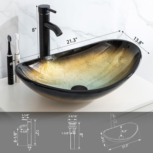 eclife 21.5" Bathroom Vessel Sink Modern Artistic Single Champagne Boat Tempered Glass Basin Countertop Bowl Sink for Lavatory Vanity Cabinet, W/Water Save Faucet Pop Up Drain (A29CH)