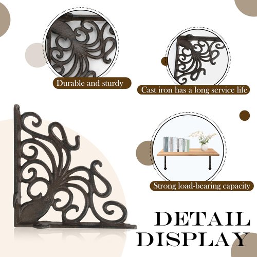 Linton Arts Octopus Cast Iron Shelf Brackets – 7.04"x7.04" Decorative Metal Corner Brackets for Wall Mounted Shelves – Nautical Themed Support with Screws, Set of 2
