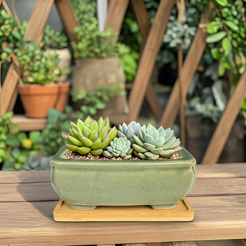 MUZHI 2pcs Green Ceramic Bonsai Planter Pots with Bamboo Tray 6.2 “ & 5.3”, Rectangular Glazed Bonsai & Succulent Cactus Starter Pot with Drainage Ice Crack Design