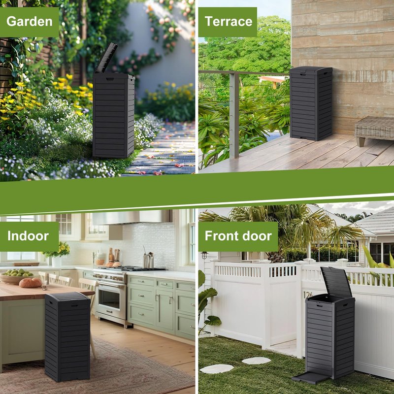 PatioZen 31 Gallon Outdoor Trash Can, Waterproof Trash Can Cabinet for Outside, Resin Garbage Bin with Lid and Drip Tray for Easy Cleaning for Patios, Kitchens, and Outdoor Entertaining(Black)