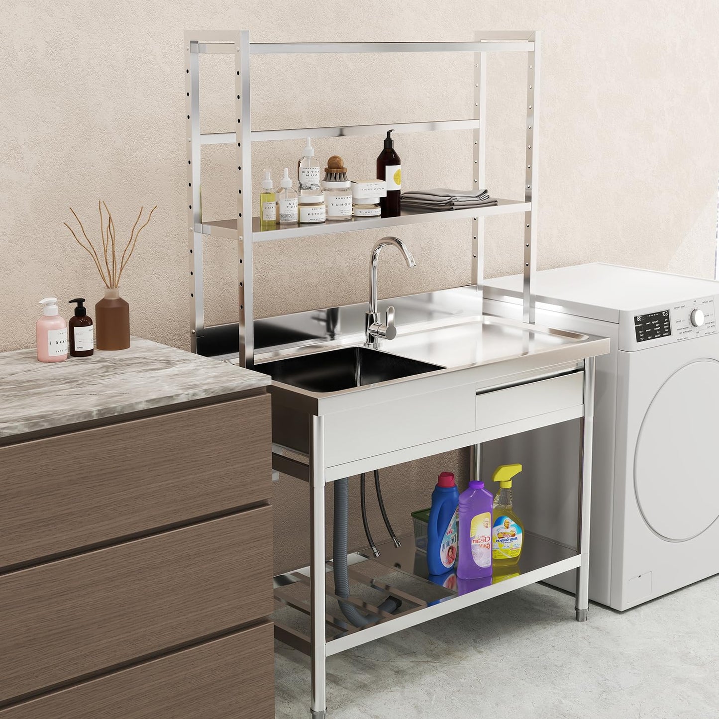 Toemics 39'' Stainless Steel Utility Sink, Free Standing Commercial Single Bowl Sink with Shelves & Right Drawer & Cold and Hot Water Pipe, Indoor and Outdoor Sink for Laundry Room, Garage, Kitchen